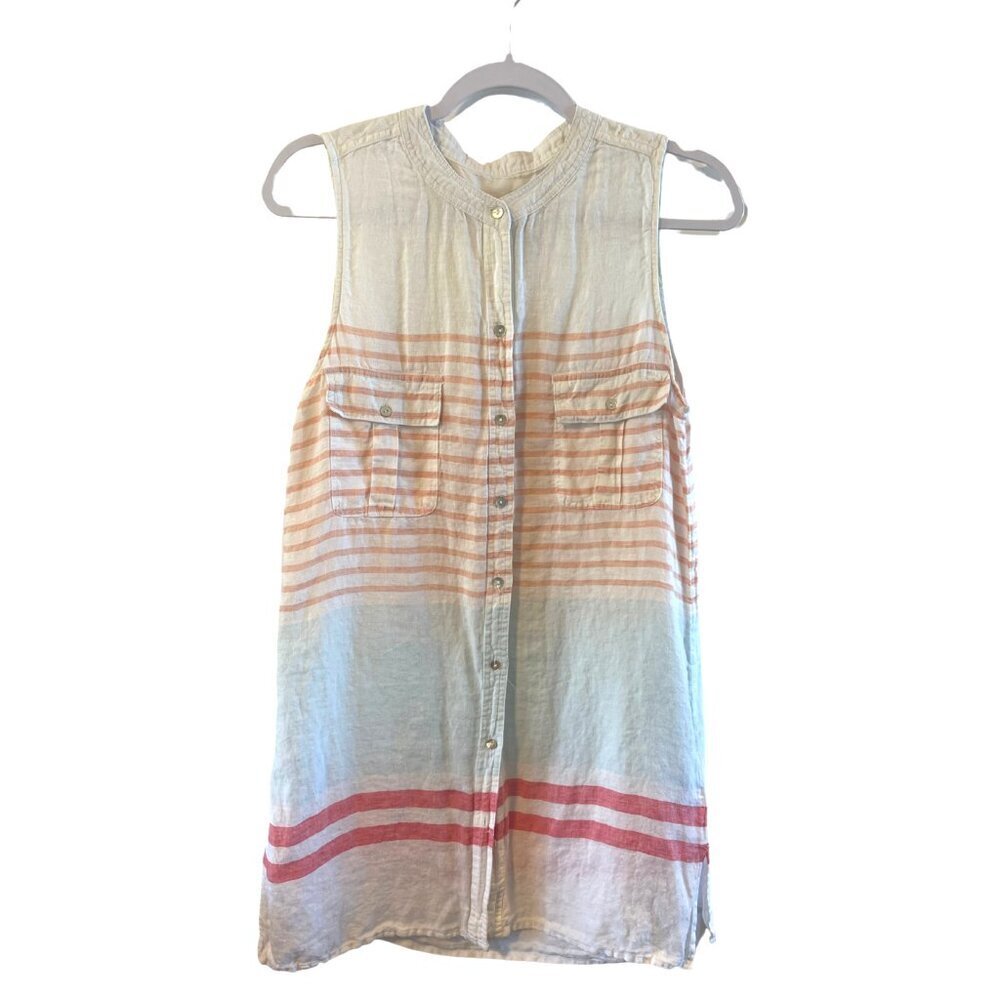 C&C California Dress Womens L White Striped 100% Linen Button Sleeveless beach